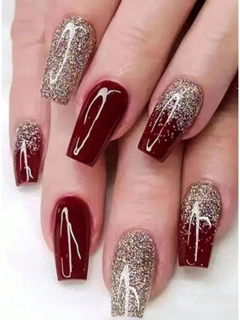 Red & Gold Glitter Long Square Press-On Nails Luxury Ballet Coffin Style, Glossy
